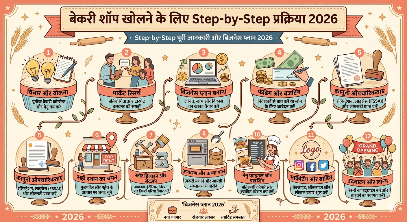 बेकरी शॉप खोलने के लिए Step-by-Step प्रक्रिया 2026: Step-by-Step पूरी जानकारी और बिजनेस प्लान 2026