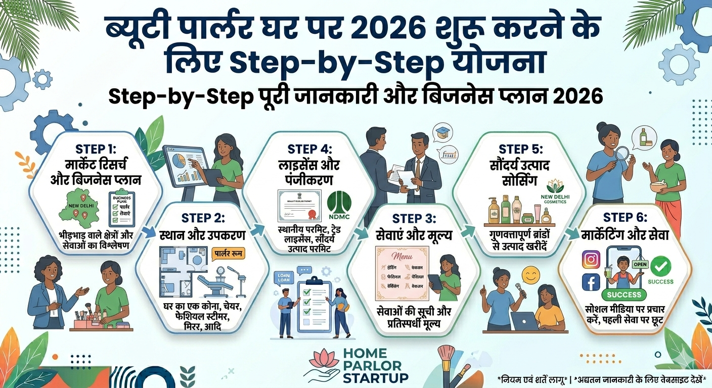 ब्यूटी पार्लर घर पर 2026 शुरू करने के लिए Step-by-Step योजना: Step-by-Step पूरी जानकारी और बिजनेस प्लान 2026