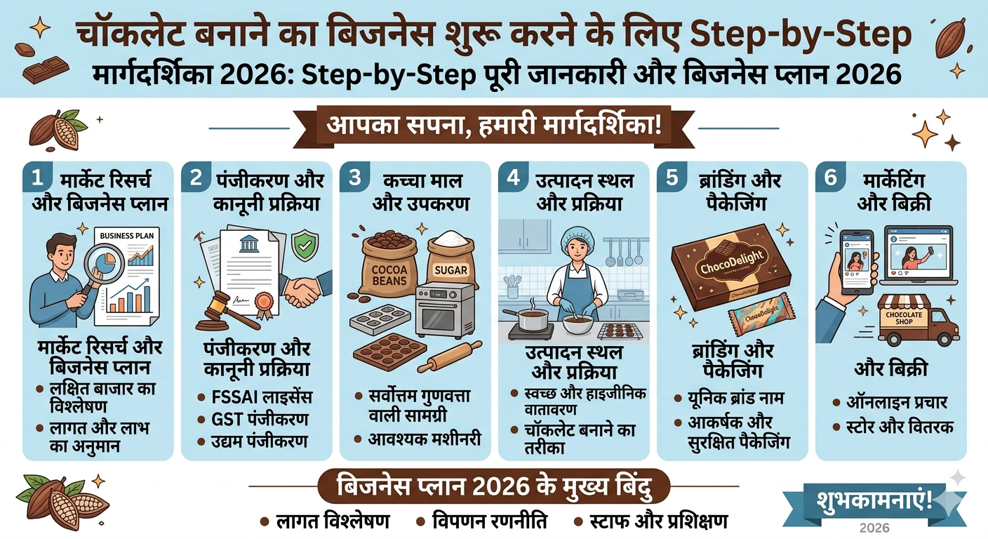 चॉकलेट बनाने का बिजनेस शुरू करने के लिए Step-by-Step मार्गदर्शिका 2026: Step-by-Step पूरी जानकारी और बिजनेस प्लान 2026