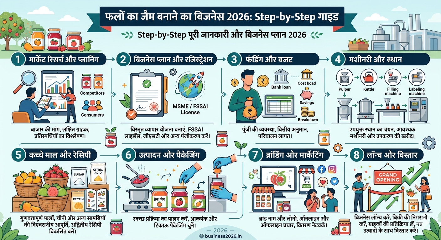 फलों का जैम बनाने का बिजनेस 2026 शुरू करने के लिए Step-by-Step गाइड: Step-by-Step पूरी जानकारी और बिजनेस प्लान 2026