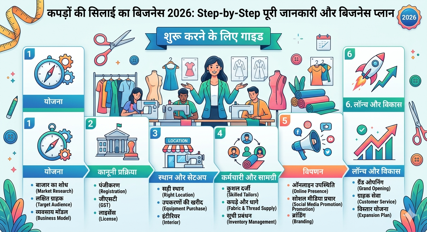 कपड़ों की सिलाई का बिजनेस 2026 शुरू करने के लिए Step-by-Step मार्गदर्शिका: Step-by-Step पूरी जानकारी और बिजनेस प्लान 2026