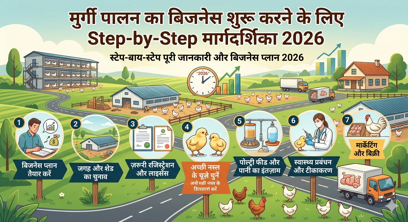 मुर्गी पालन का बिजनेस शुरू करने के लिए Step-by-Step मार्गदर्शिका 2026: Step-by-Step पूरी जानकारी और बिजनेस प्लान 2026