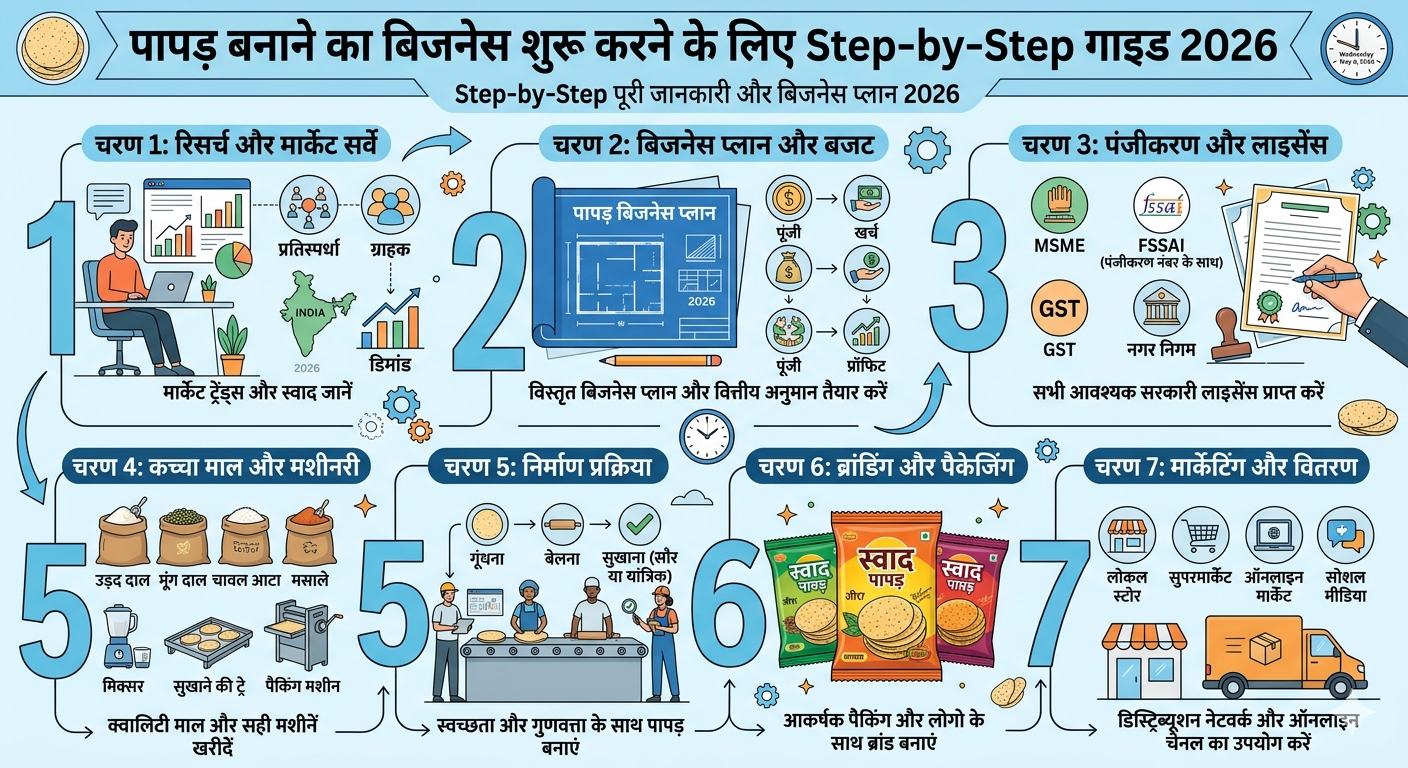पापड़ बनाने का बिजनेस शुरू करने के लिए Step-by-Step गाइड 2026: Step-by-Step पूरी जानकारी और बिजनेस प्लान 2026